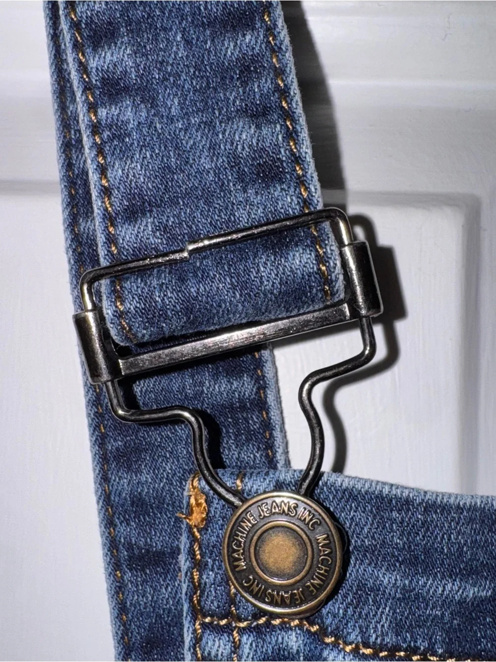 Machine Dark Blue Distressed busted skinny Denim Overalls 27
